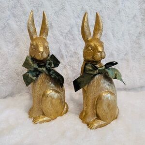 Jolie Fleur 10.5” Faux Foil Chocolate Bunny Set Of 2 w Velvet Bows NEW Easter